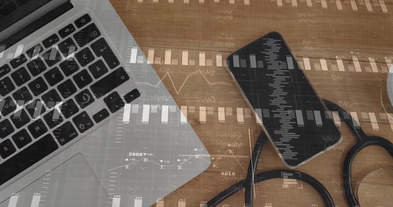 Animation of statistical data processing against close up of laptop, stethoscope and smartphone