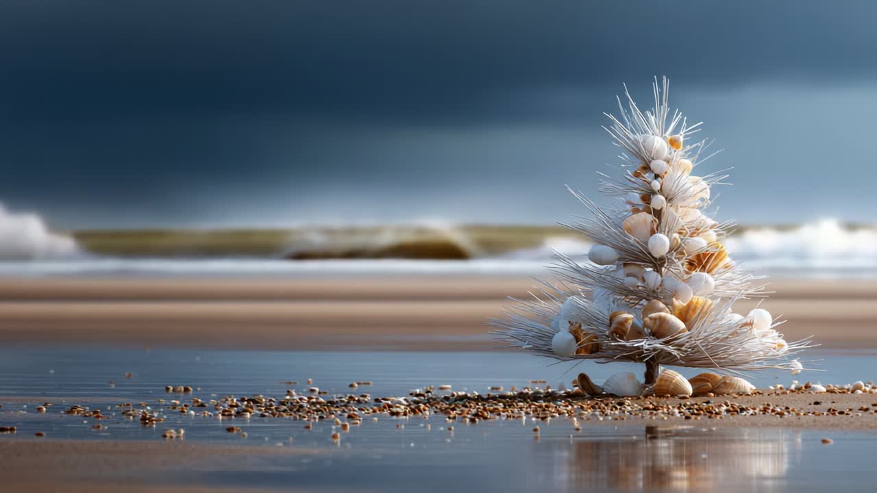 A Unique Artistic Representation of a Christmas Tree Crafted with Seashells and Natural Elements on a Serene Beach, Captured Against a Dramatic Stormy Sky, Blending Nature and Holiday Spirit