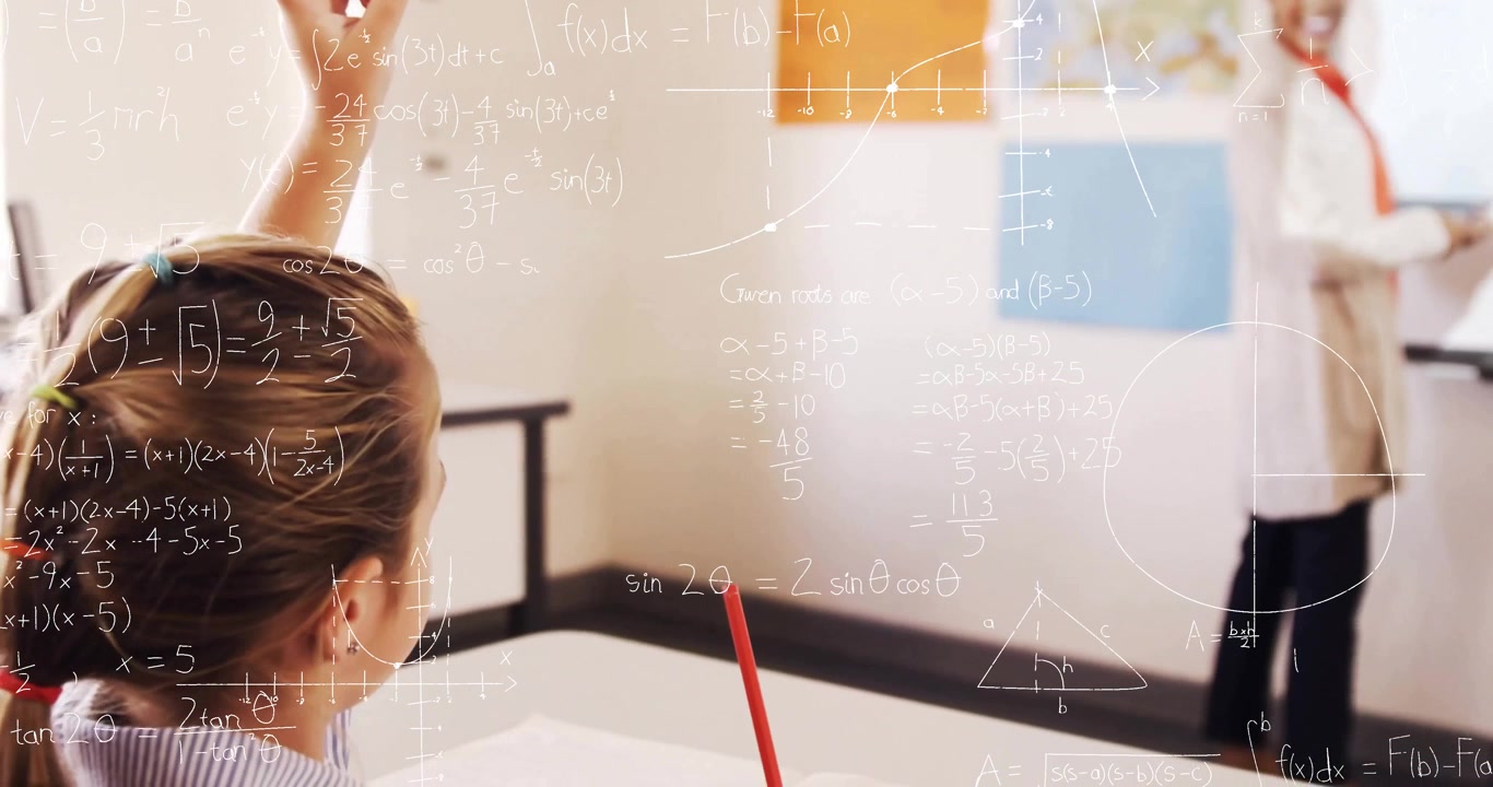 boy sitting at desk facing whiteboard in school, teacher writing formulas, animated graphs floating