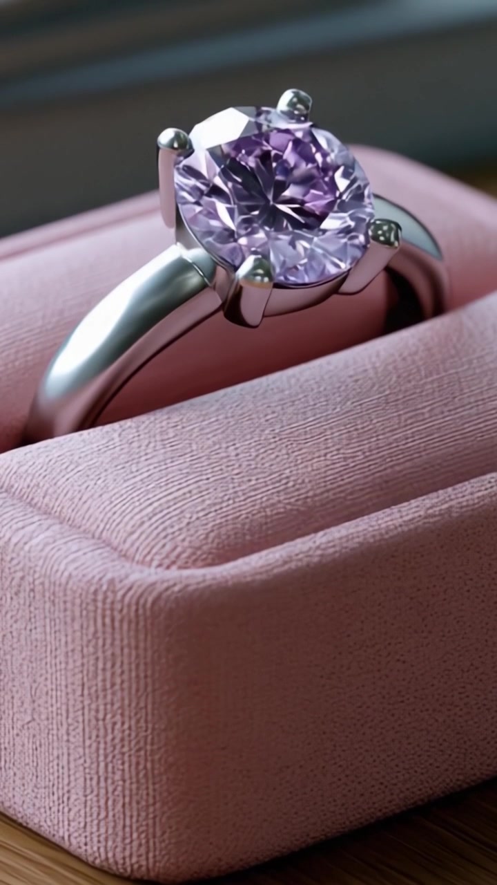 Anello accattivante con gemma viola esposto elegantemente in un portagioie rosa tenue, che mette in mostra una maestria artigianale straordinaria e un design unico, perfetto per occasioni speciali e regali.