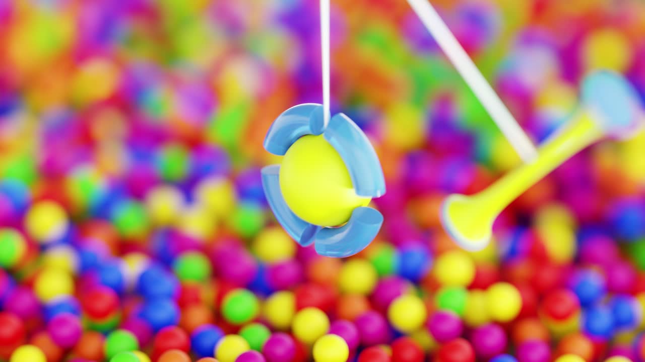 3D rendering of ball rolling on red gear above colorful candy balls