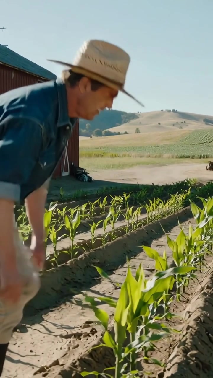 Video vertical: Agricultor con sombrero de paja inspeccionando el maíz después de ver los brotes junto a un granero rojo.