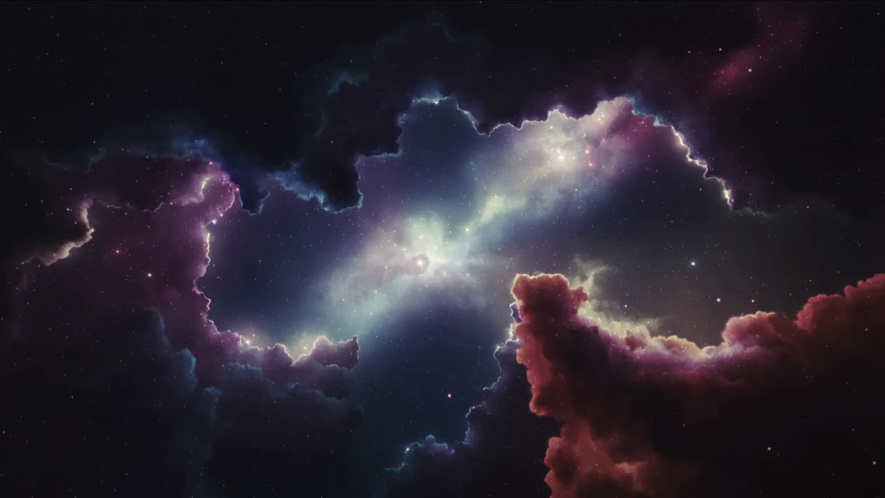 Bursting central nebula sending branching electric arcs across space clouds teal-white band visible