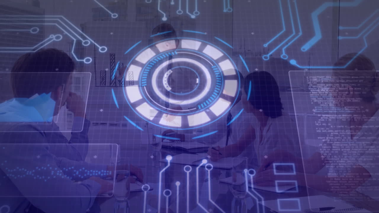 Futuristic digital interface animation over people collaborating in modern office