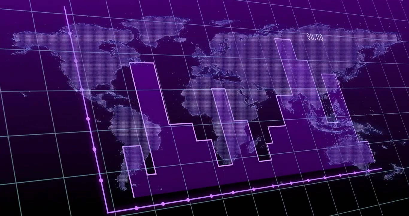 Animazione di visualizzazione dati con grafico a barre e mappa del mondo su sfondo a griglia.