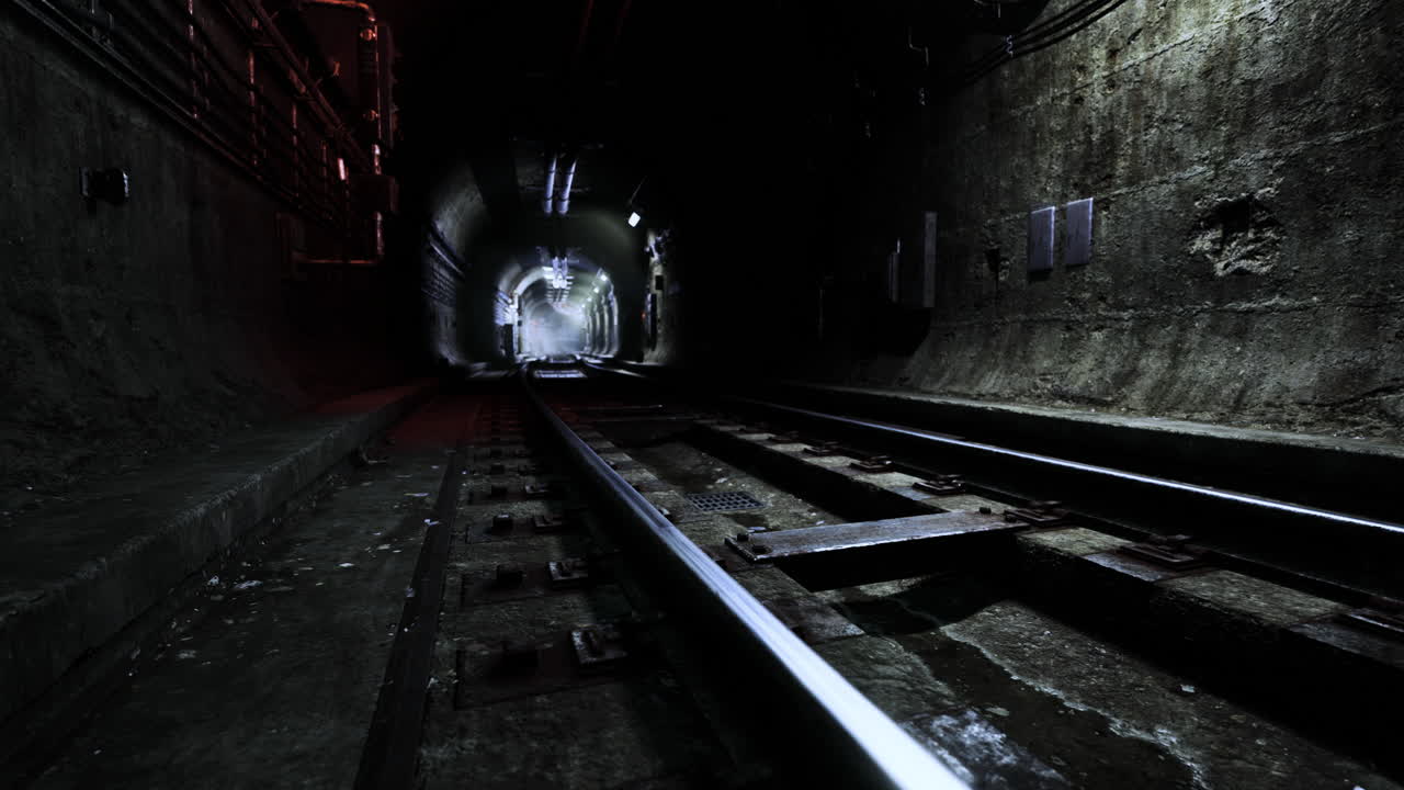 Mysterious tunnel with tracks leading into darkness at an underground location