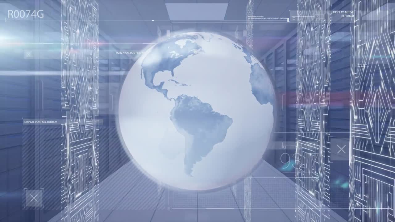 서버 방에 대한 디지털 회전 지구와 전자 회로 보드 패턴의 애니메이션