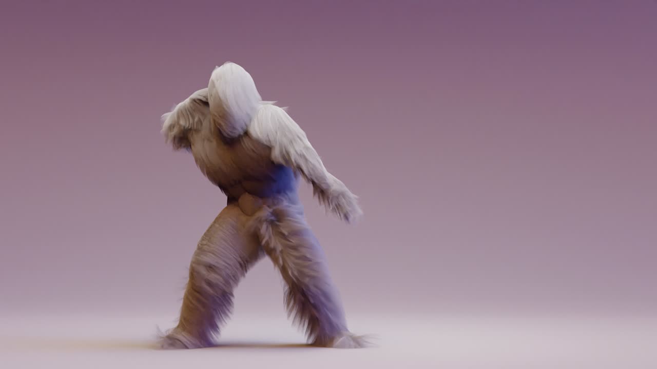el clip de baile del monstruo peludo aislado. animación de bucle, baile de la casa, pelaje brillante personaje esponjoso, pelaje, cabello lleno, muñeco de nieve, renderizado en 3d. escabullirse.