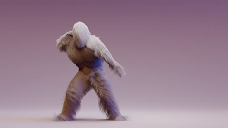 hairy monster dancing clip isolated. loop animation, house dance, fur bright funny fluffy character, fur, full hair, snowman, 3d render. sneaking out.