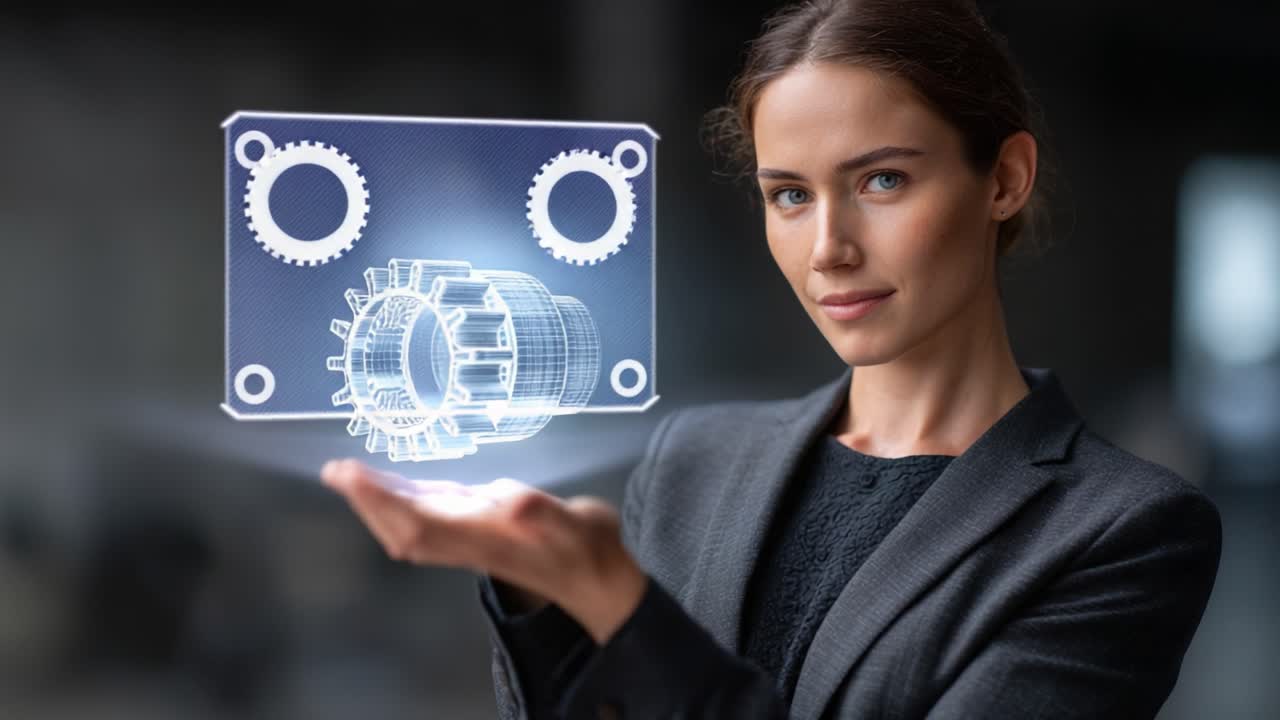 A Professional Woman Showcases Futuristic Technology with a Holographic Display, Evolving from Simple Design to Complex Mechanism, Highlighting Innovation and Engineering