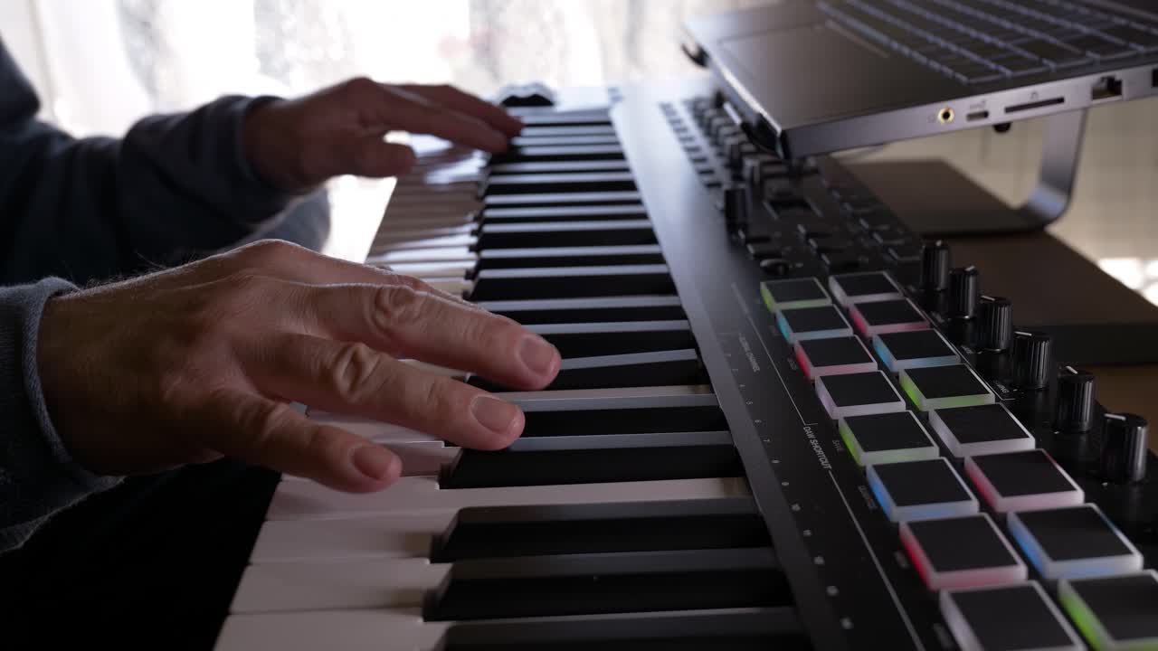 Close-up of hands playing MIDI keyboard controller connected to laptop in home music studio