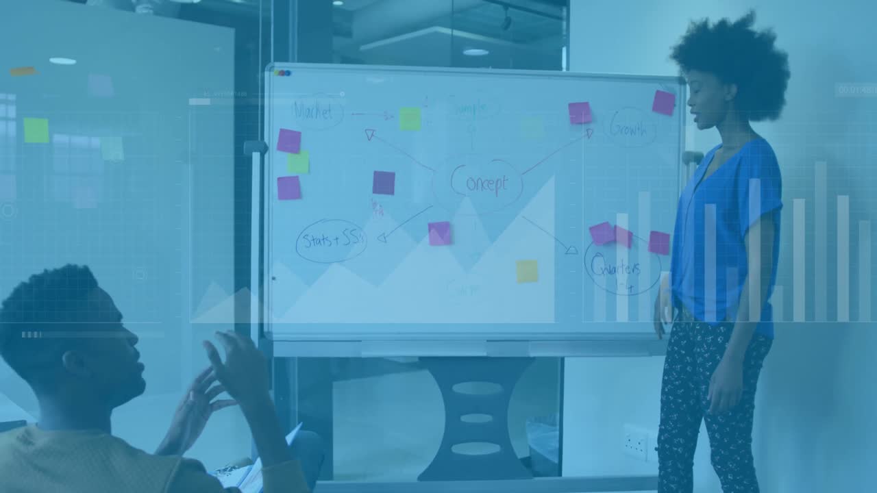 Animation of data processing over african american man and woman discussing over a whiteboard