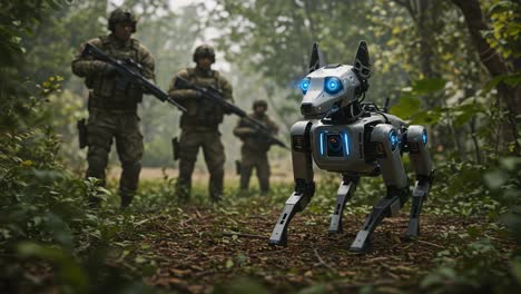 a futuristic robotic canine assists soldiers in a dense woodland environment, showcasing advanced technology and tactical innovation for modern warfare