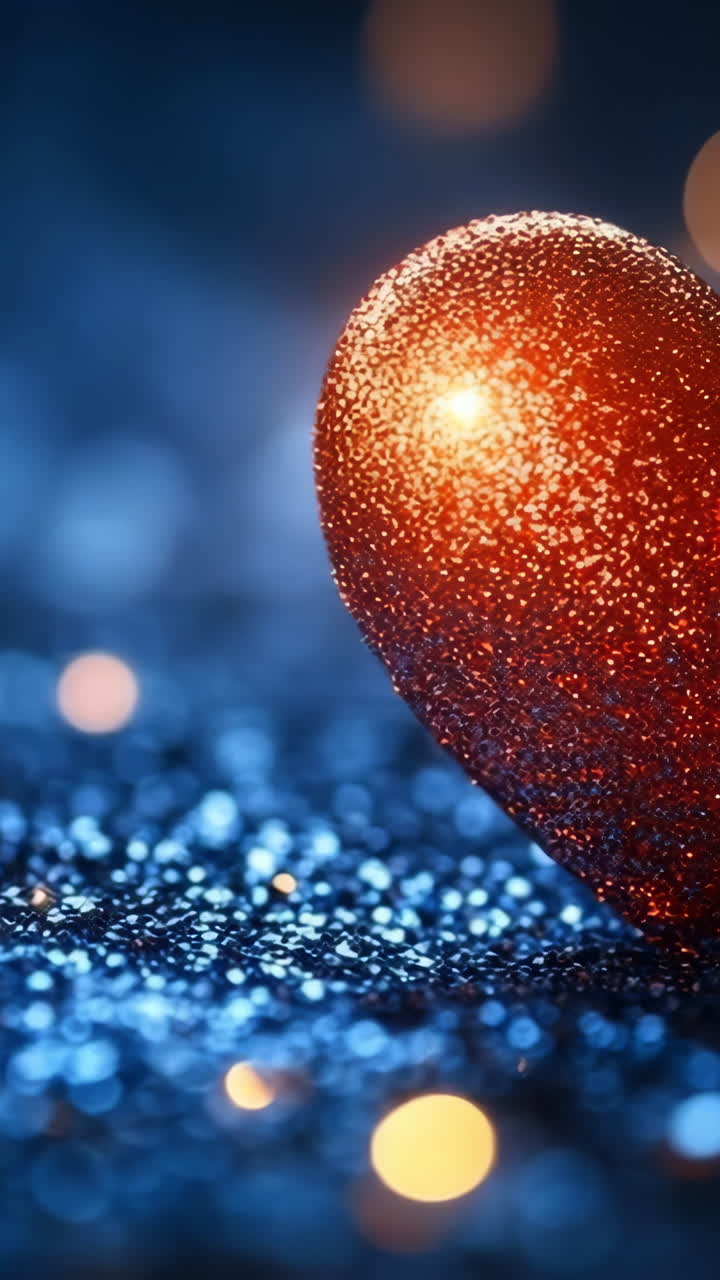 Blue heart decoration glows. A glittery red heart pops against blue tones and sparkly lights, adding to the festive vibe.