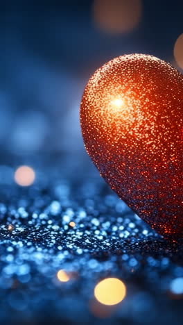 blue heart decoration glows. a glittery red heart pops against blue tones and sparkly lights, adding to the festive vibe.