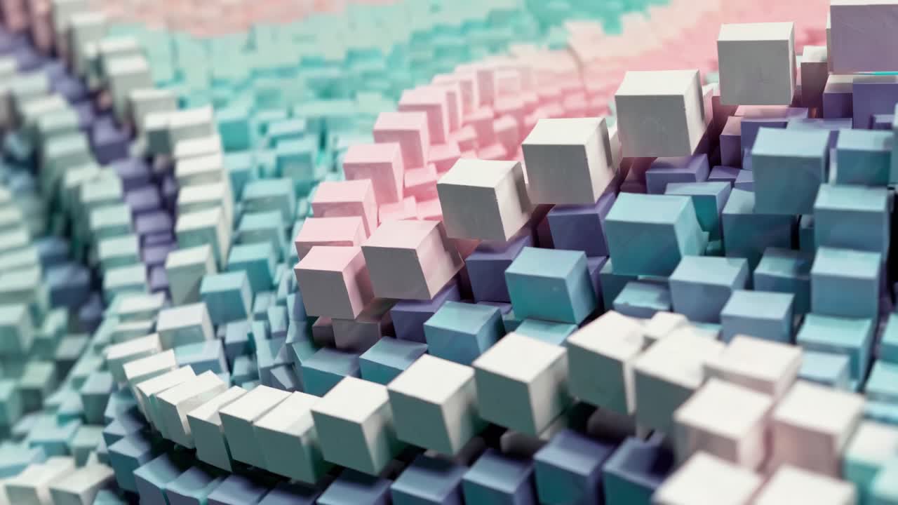 A gentle wave of soft foam blocks in pastel colors flows gracefully, creating an artistic display. The arrangement features alternating rows of pink, blue, and white, showcasing a soothing gradient. As light plays over the surface, shadows shift, enhancing the three-dimensional effect. The calm sett