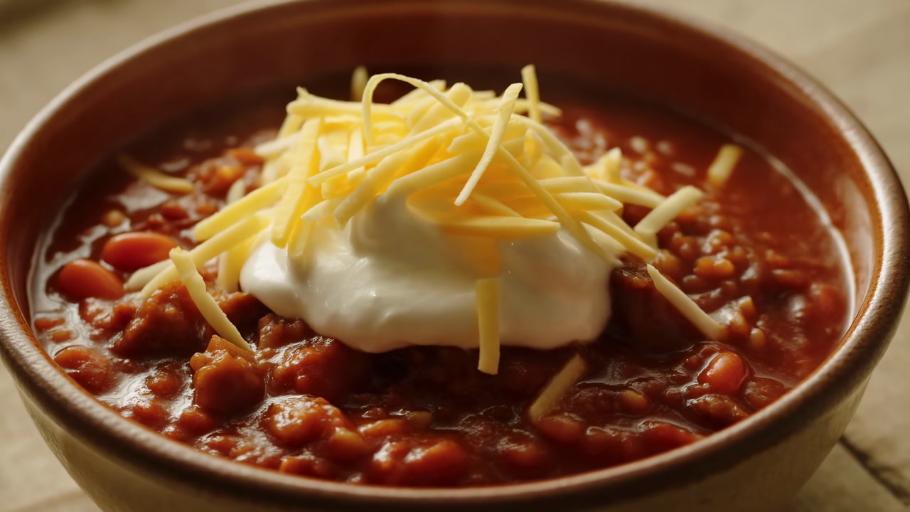 Hearty Chili Topped With Sour Cream And Shredded Cheddar In Ceramic Bowl, Rustic Kitchen Table, Warm Soft