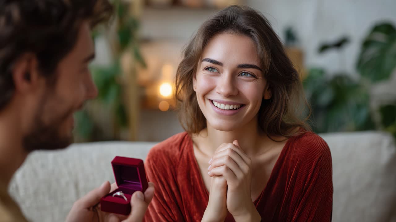 Captivating Moment: A Young Woman's Elated Reaction to a Romantic Proposal with a Ring Box in an Intimate Setting Filled with Warmth and Joy