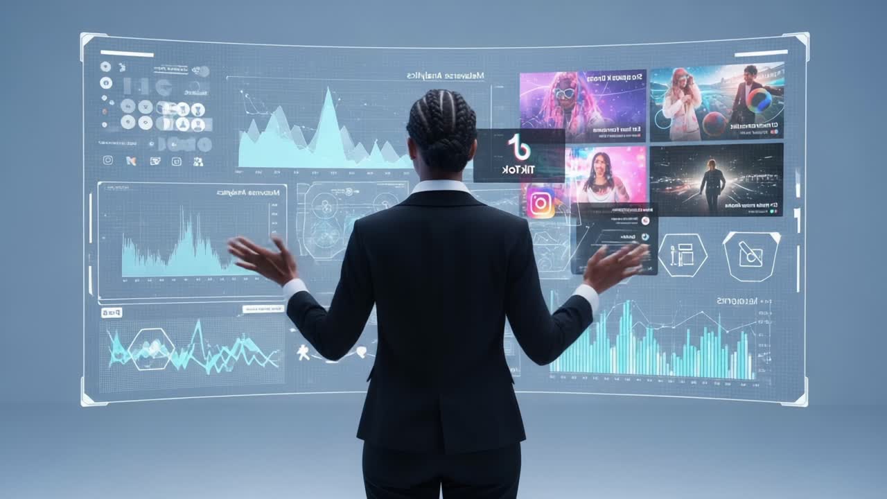 A Professional Analyzing Digital Analytics on a High-Tech Display, Engaging with Data Visualizations in a Modern Business Environment