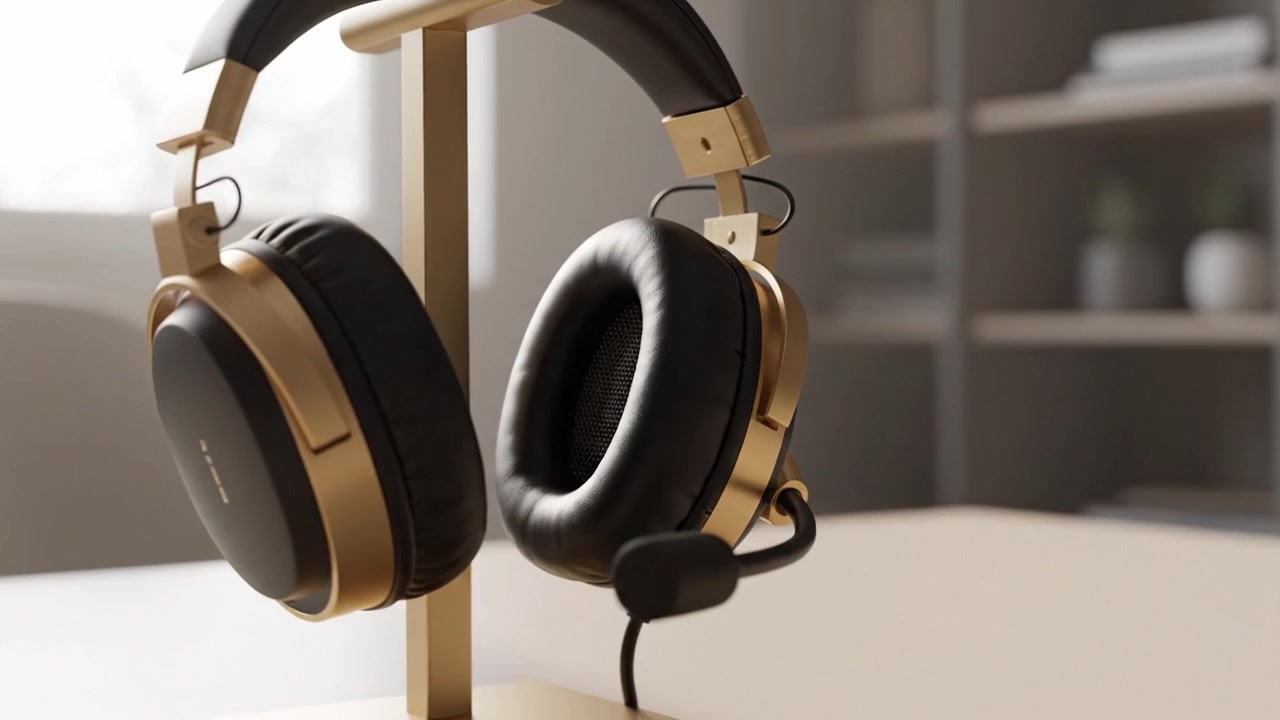 Elegante gullbelagte hodetelefoner utstilt på et stilig stativ, som viser moderne design og førsteklasses materialer for en forbedret lydopplevelse hjemme