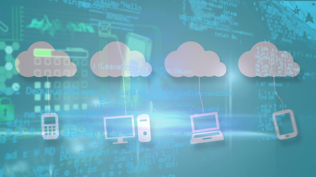 Animation of digital clouds, tech icons and data processing on blue background