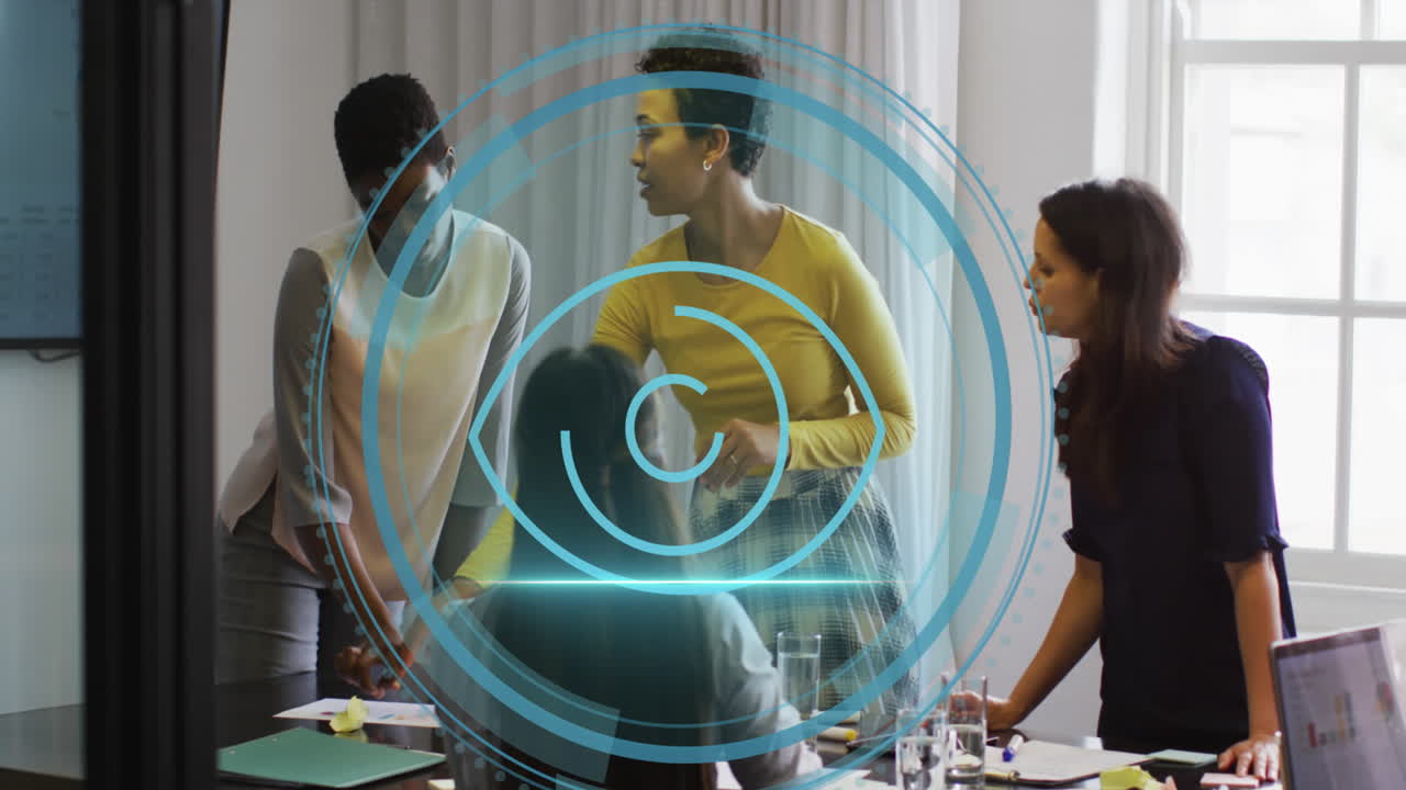 Animation of cyber security text data processing over diverse business people in office