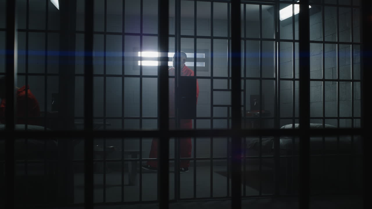 el criminal camina en la celda de la cárcel mirando por la ventana cerrada.