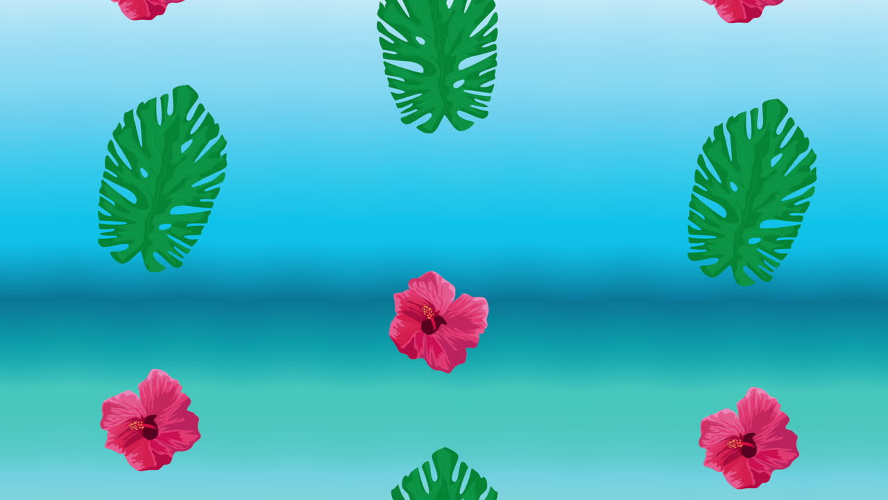 poster de vacaciones de verano con flores y hojas rosadas tropicales de fondo