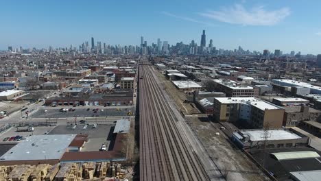 chicago skyline train tracks aerial