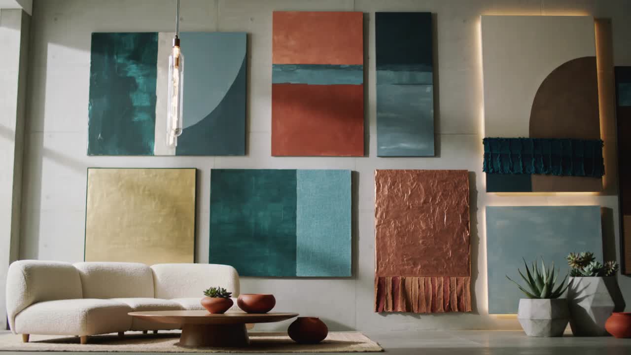 Kamera bevæger sig indad og til højre og afslører en gallerivæg i studiestuen, sofa og pendellampe