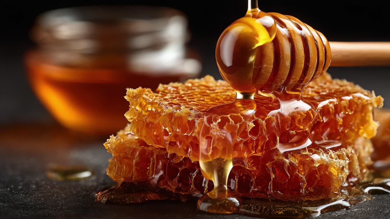 Delizioso miele che cola da un mestolo di legno su un favo dorato, circondato da ricco sciroppo dorato in una disposizione visivamente accattivante.