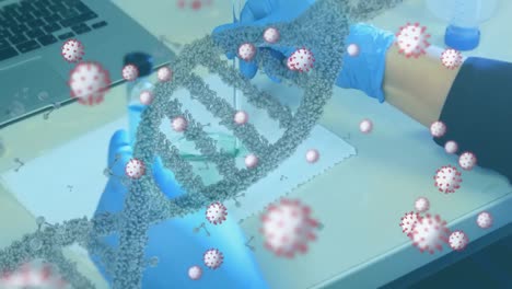 covid-19 cells and dna structure against scientist working in laboratory