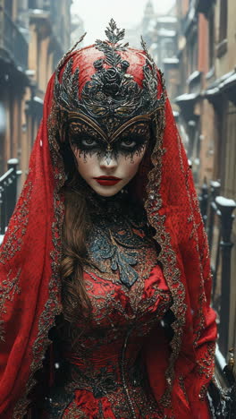 elegant woman in red attire with intricate mask in a misty alley