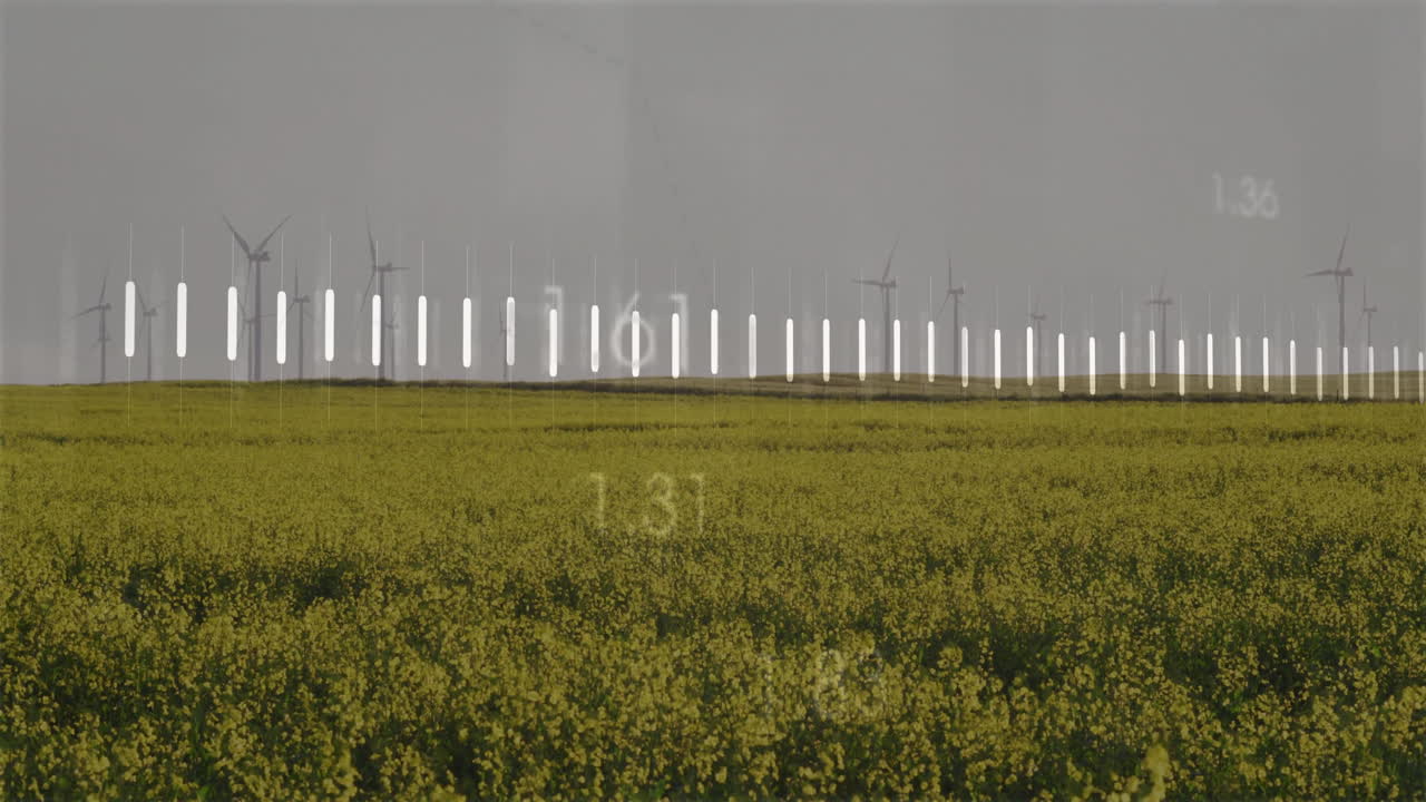 Digital chart overlaying rural canola field with wind turbines, displaying floating numeric values