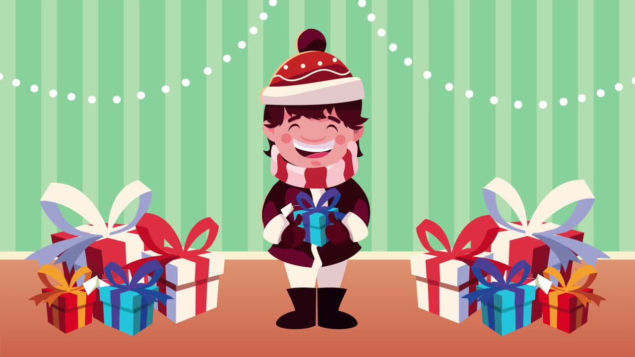 merry christmas animation with little boy and gifts