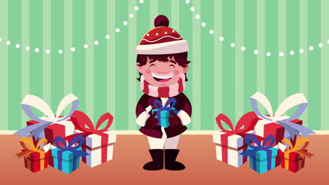 animación de feliz navidad con niño pequeño y regalos