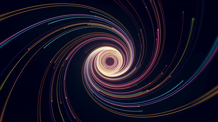 Bright neon spiral swirl with concentric rings sends colorful trails in yellow, orange, pink, magenta, purple, and blue across dark navy space, forming radiant abstract motion and luminous depth