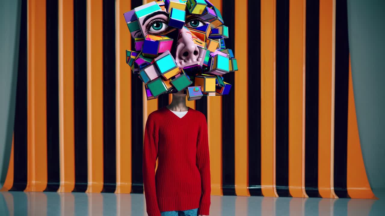 Individual in vibrant red sweater stands against bold striped backdrop, showcasing a surreal headpiece of colorful geometric shapes and expressive faces in a dynamic visual narrative