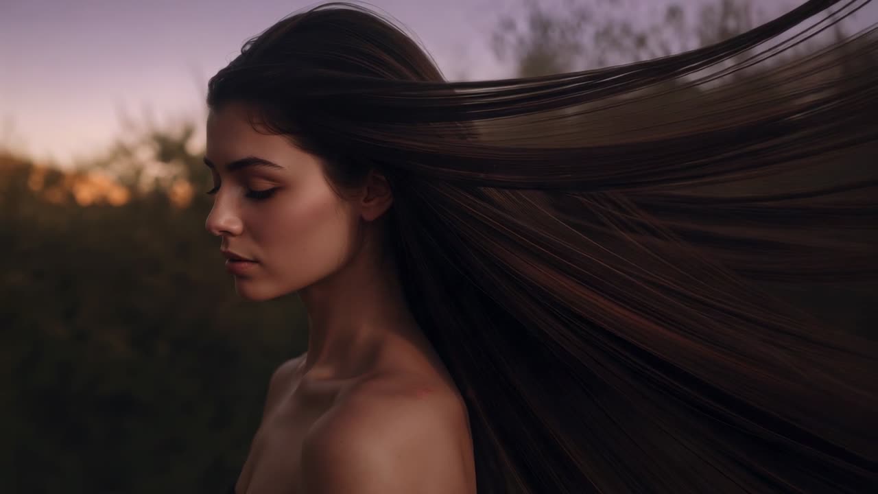 Gusting sending woman's long hair streaming right at dusk, soft trees, bare shoulders, copy space