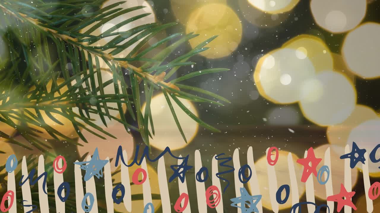 Animação de neve caindo sobre árvore de Natal e decorações.