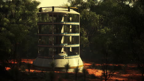 a futuristic tower in a forest