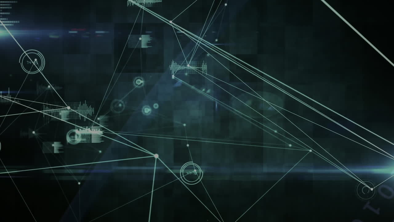Animation of networks of connections and data processing over black background