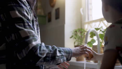 vista en primer plano de una mujer caucásica lavando verduras y frutas en el fregadero. su hijo la ayuda