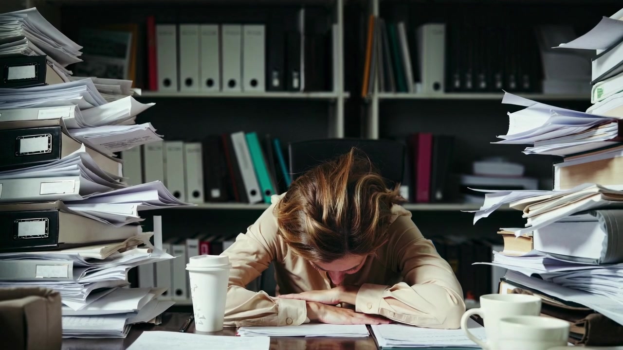 Exhausted Businesswoman Overwhelmed by Paperwork in Office