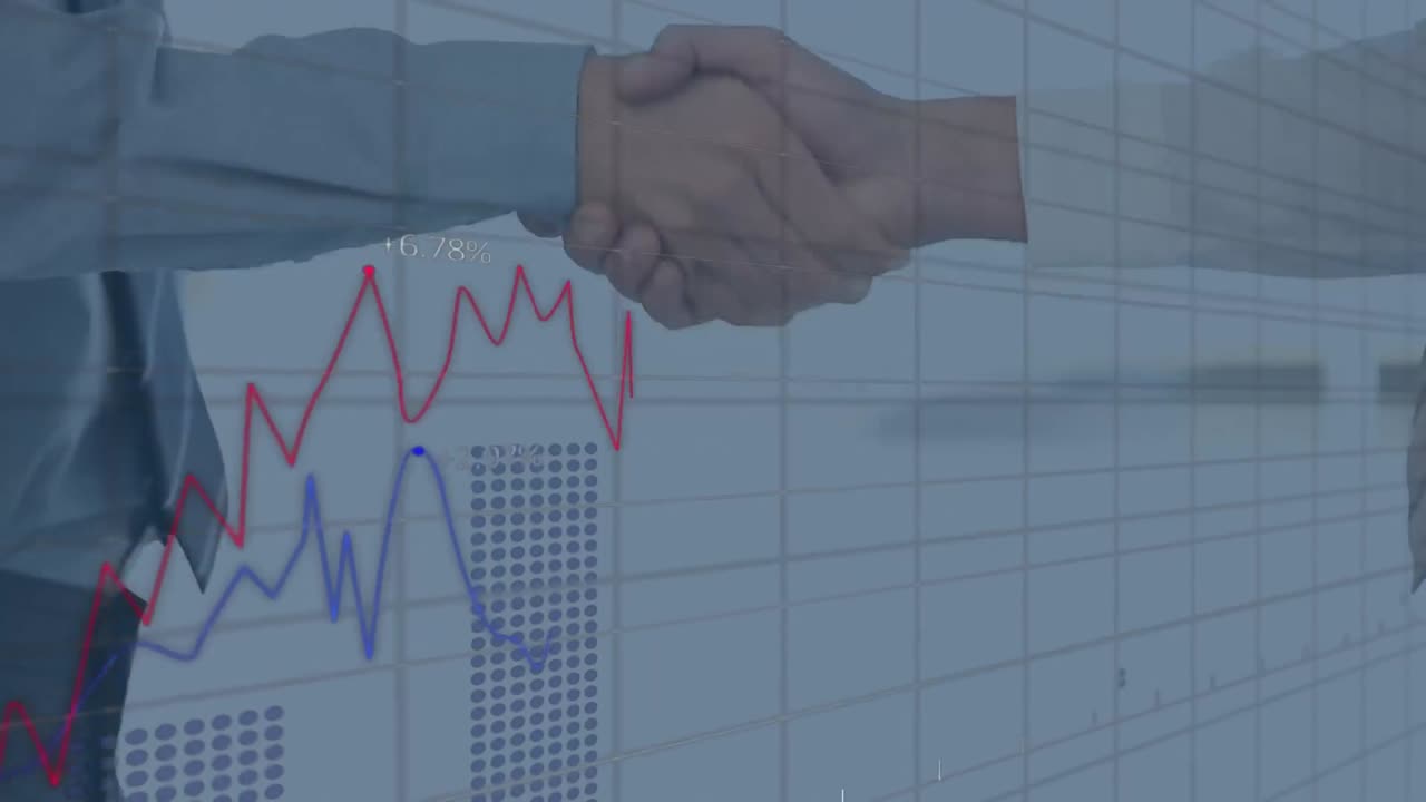 Processamento de dados estatísticos sobre rede de grade contra a seção central de dois empresários apertando as mãos