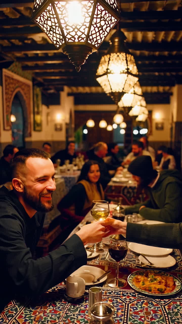 Friends enjoying a dinner party and toasting in a restaurant with ornate Moroccan lanterns