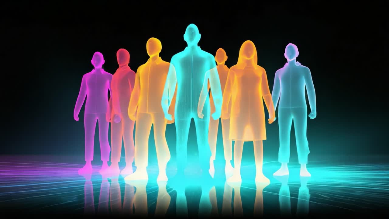 A Captivating Display of Abstract Figures in Neon Hues, Representing Diverse Forms and Collective Strength, Set Against a Dark Backdrop, Showcasing Movement, Unity, and Vibrancy in a Digital Environment