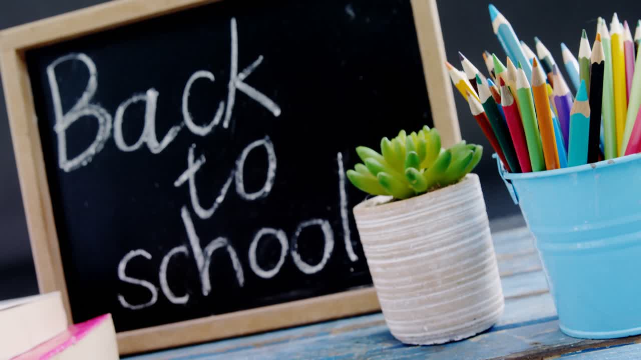 Pot plant and digital tablet with school supplies on table
