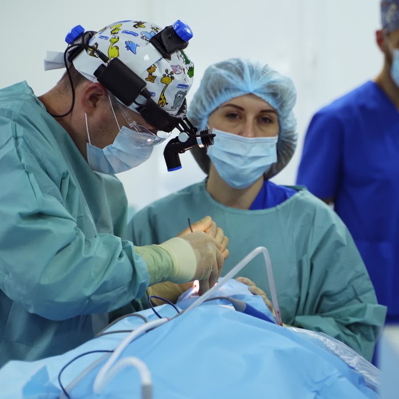 Caucasian surgeon performs operation at patient's nose using metal tools. Nurse standing beside assisting the doctor