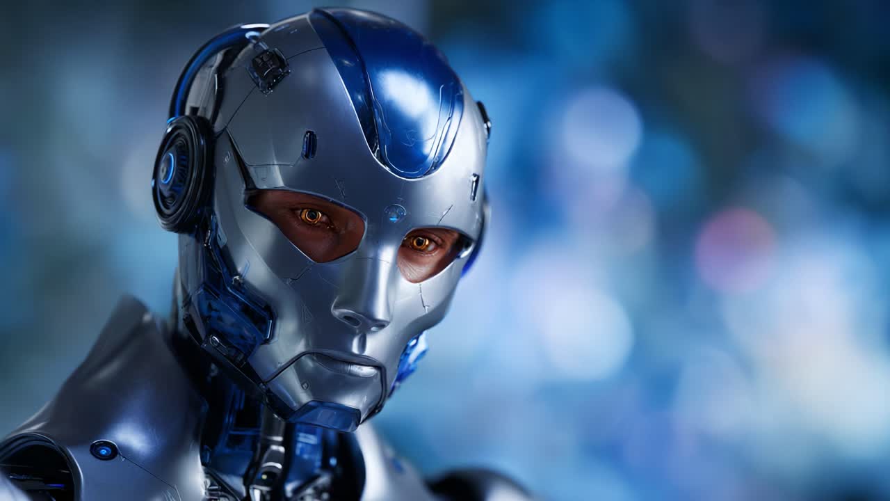 Yüksek Çözünürlüklü Yakın Çekimde Rüya Gibi Bir Arka Planda Şık Design ve Parlayan Gözlere Sahip Gelişmiş Sibernetik Robot